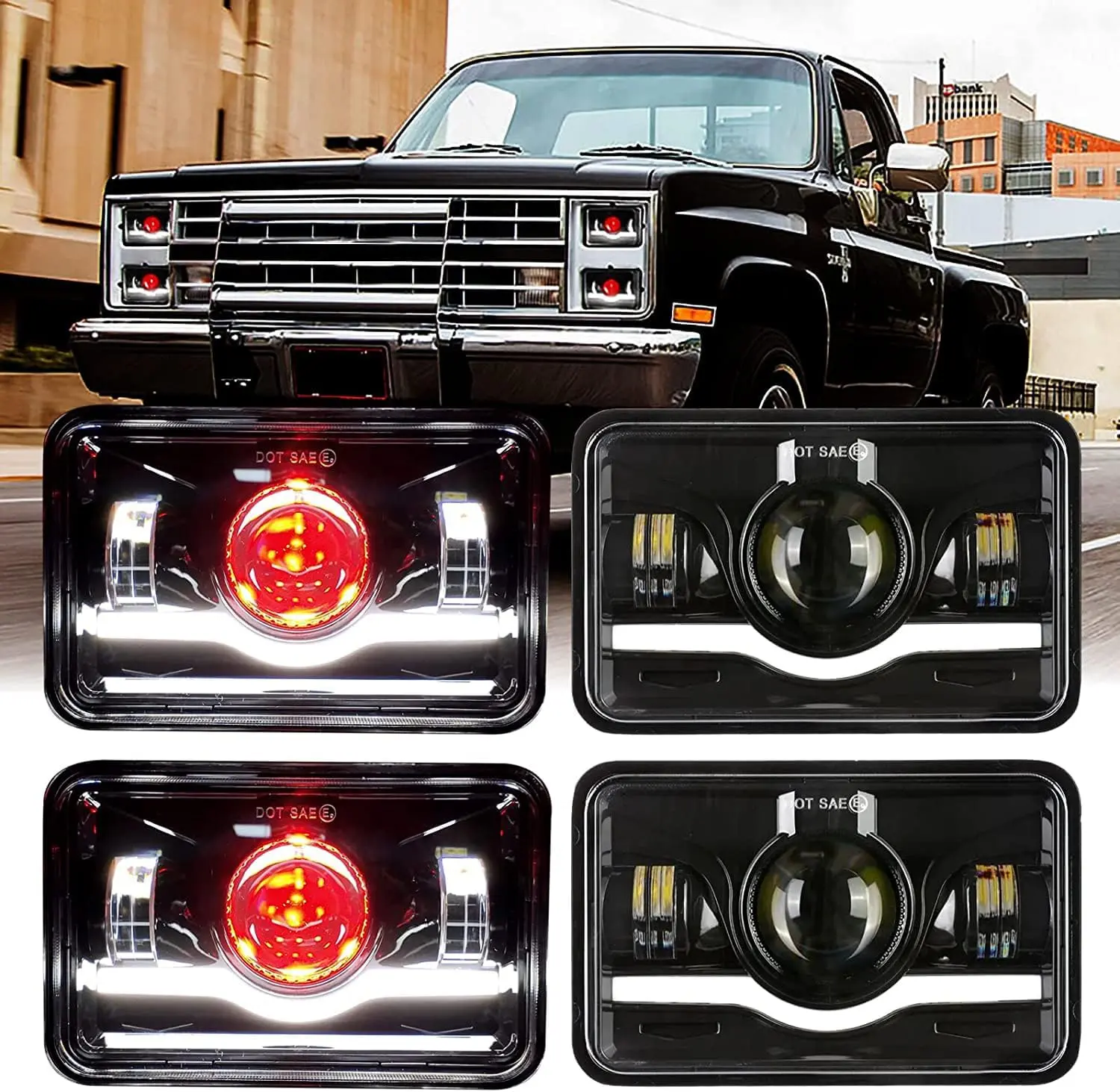 4Pcs 4x6 Inch LED Headlights Dot Approved with Red Devil Eye DRL Compatible for 1986 Che-vrolet CK 10 Rectangular H4656 H4651 H4642 H4652 Fit For Peterbilt 357 378 379 XR400 XR250 XR650