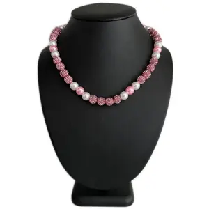 Iced Bling Disco Ball Rhinestone Crystal Bead Pearl Baseball Softball Necklace Pink Out