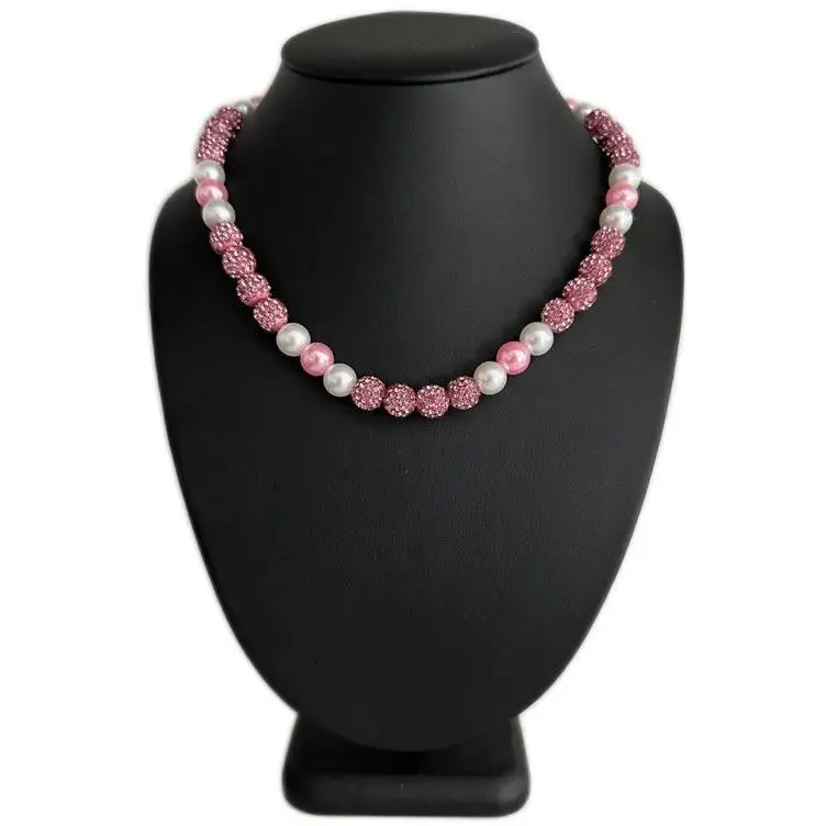 Iced Bling Disco Ball Rhinestone Crystal Bead Pearl Baseball Softball Necklace Pink Out