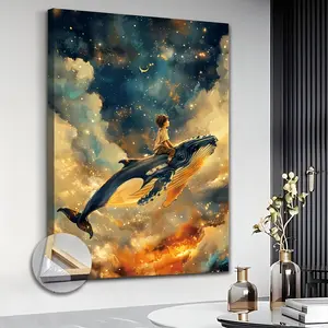 Canvas Wall Art - Magical Whale Ride Poster with Framed Cosmic for galaxy Painting, Deep Blue Whale & Stars Design for Living Room, Bedroom, Office, Kitchen - Modern Home Decor Gift for Whale Lovers, Whale Decor, Bedroom Artwork, Artistic Whale Design