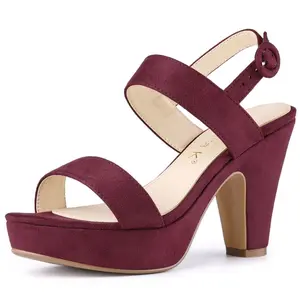 Allegra K Women's Slingback Platform Chunky High Heel Adjustable Buckle Strap Sandals Burgundy 7.5