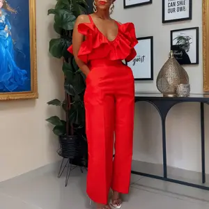 Summer Autumn Clothes Women Two Pieces Set V Neck Strap Crop Tops Ruffles High Waist Pants Sexy Female Suit Summer Fashion Party Light Womenswear Check Gamis Trouser Fitted Sleeveless