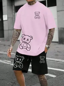 Men's Cartoon Animal Print Tee & Drawstring Shorts Set, Short Sleeve Casual Summer, Comfortable Loose-Fit Sports Wear