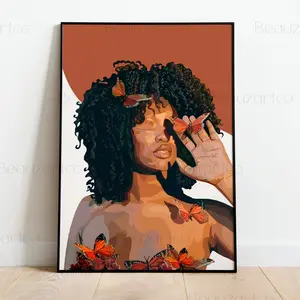 Unframed, Room Decor, Black Woman with Afro Hair Wall Art, Butterflies, Black Art Prints, Black People Wall Art, Afro Art, Black Owned Shops, Black Girl Wall Art – 5 Size, 8x12 to 27x40 inch