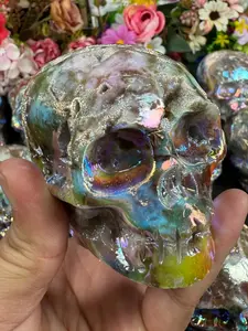 1pc Hand-Carved & Polished Sphalerite Skull - Gothic Bohemian Electroplated Mineral for, Jewelry Making, for halloween/Christmas/Birthday/PARENTS Day Gift, Elegant Tabletop Decoration, Durable Zinc