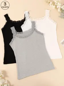 Women's Lace Trim Ribbed Tank Top Round Neck Top Elegant Sleeveless Knit Top for Daily Wear, Ladies Sleepwear for Spring & Summer