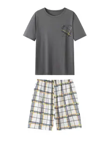 Men's Summer Thin Sleepwear Pajamas Set, Short Sleeve Shorts 2-Piece, Plaid Line Casual Home Clothing, Comfortable Loungewear for Men