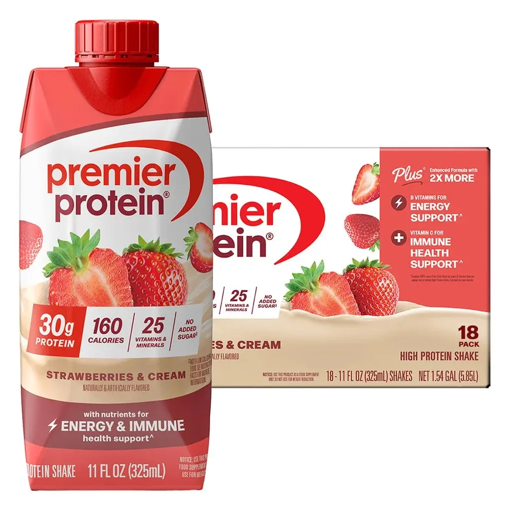 Premier Protein Ready-to-Drink Shakes - 30g High Protein, Gluten-Free, Portable Beverage for All Ages, Energy & Immune Support, Strawberry & Cream Flavor, 11 fl oz Fitness Supplements, 18 Bottles