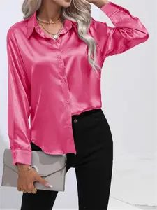Elegant Satin Long Sleeve Women's Blouse, Front Button Design, Office Commute Wear, Stylish Lapel Neckline, Ladies' Shirt Top, Elegance, Fitted
