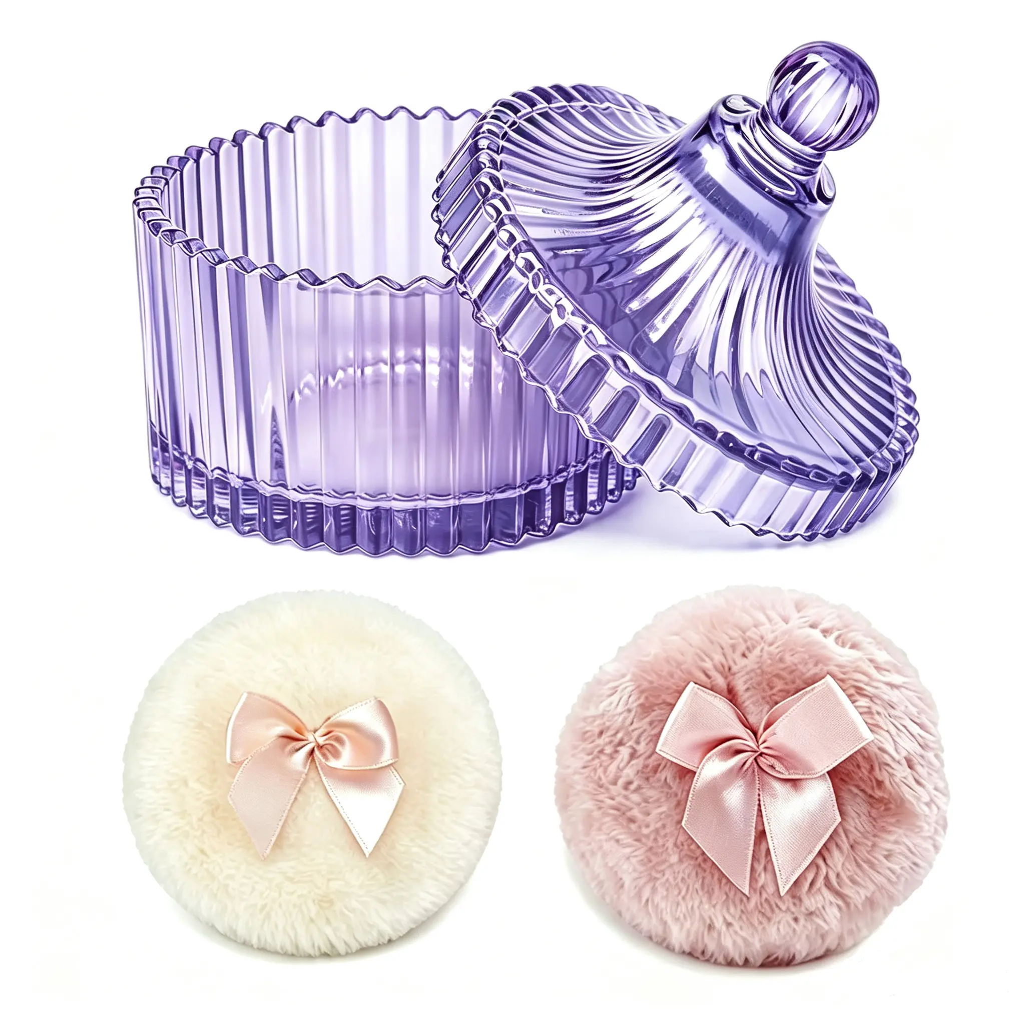2-Piece Soft Plush Body Powder Puff & Glass Organizer Set - Gentle on Skin, Easy to Clean, Evenly Distributes Powder, Dry Cosmetic Applicator, Vanity Storage Solution, Ideal Holiday & Party Gift