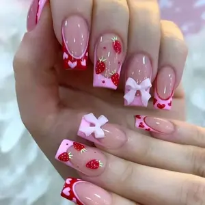 Strawberry Hreat Nail Art with Pink Bow and Heart Design for Women's Fashion