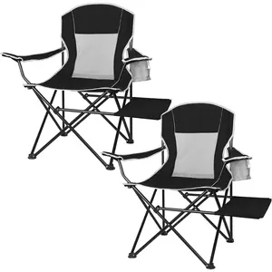 Camping Chairs 350LBS Capacity, Heavy Duty Folding Chair with Side Table, Portable Outdoor Chair with Cup Holder for Adults, Collapsible for Tailgating, Beach, Fishing, Backyard (Black, 2-Pack)