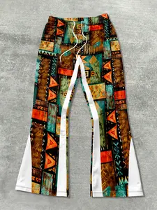 Boho Patchwork Flare Pants, Ethnic Bohemian Vintage Casual Trousers, Geometric Pattern, Fitted Style, All Seasons Wear
