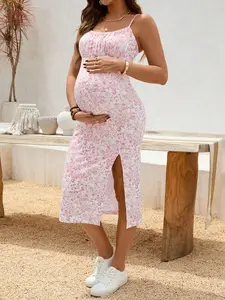 DANLIEN Maternity Casual Vacation All-Over Print High Slit Camisole Dress