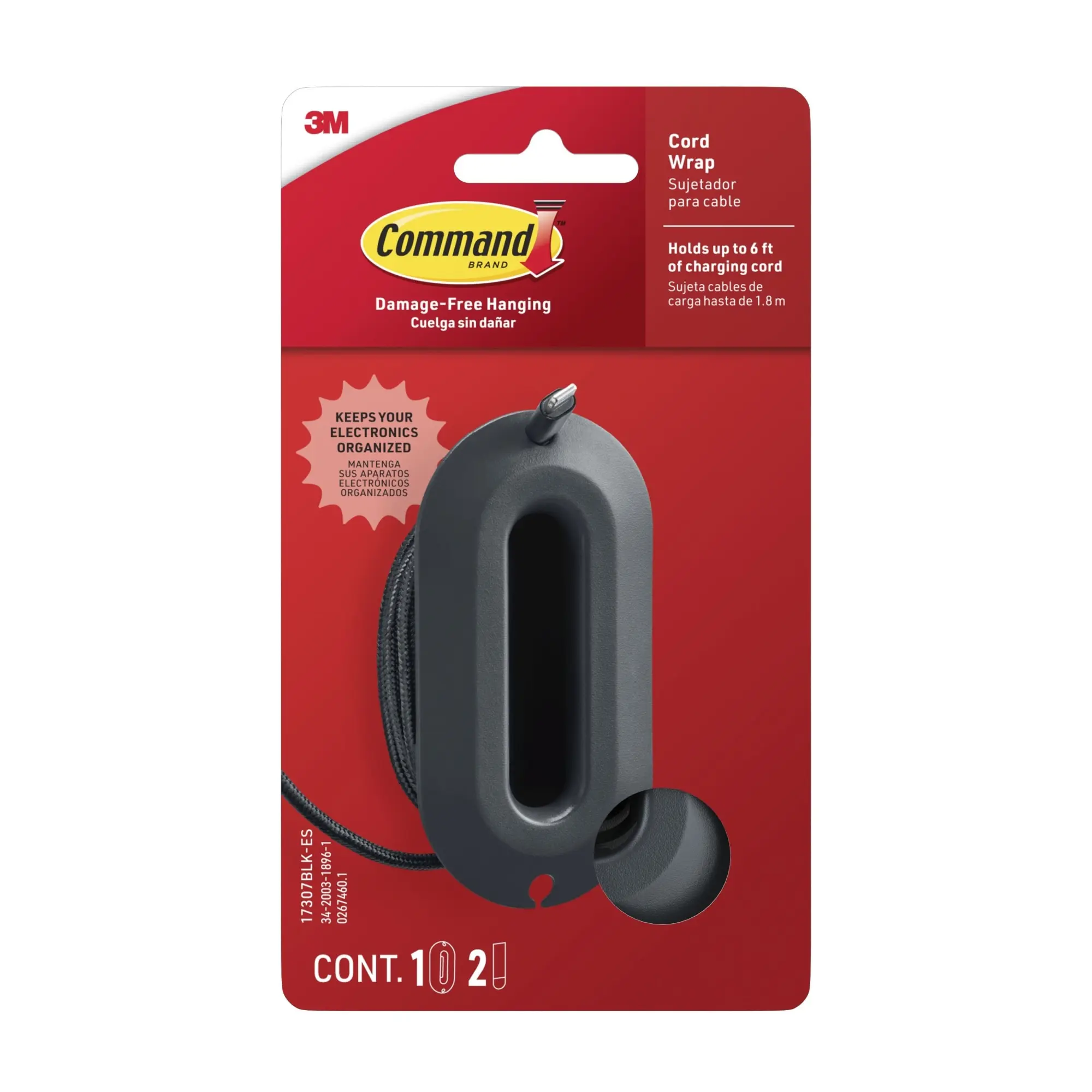 Command™ Cord Wrap, 1 Black Cord Organizer, 2 Medium Strips, Holds 6 ft of Cord Storage, Great for Damage-Free Desk Orga