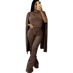 Caroline Collection - US SIZES Flare Pleather Pants Top Trouser - Fitted High Waist Y2K Style for Autumn - Plain Pattern Comfortable Fit