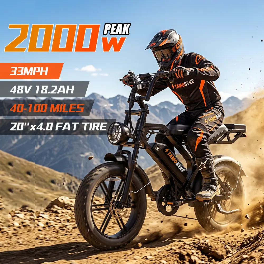 【Tamobyke】V20 Pro Motorcycle Style Electric Bike，2000W Peak,33mph Speed. 48V18.2Ah E-bike/35-100Miles Pedal Asssit Range,20'' Fat Tire Electric Bike,Dual Hydraulic Brakes,UL 2849 Certified.