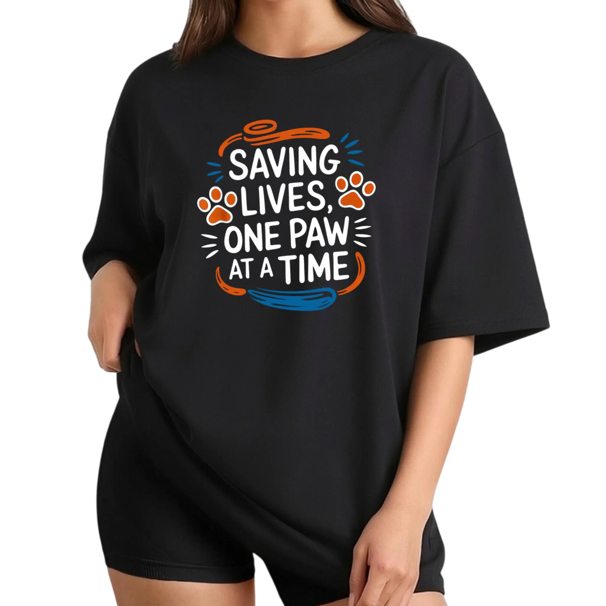 Women'S Pet Rescue Graphic T-Shirt - "Saving Lives, One Paw at a Time" Design, Black Short Sleeve Crew Neck Casual Top for Spring & Summer, Animal Shelter Support Tee