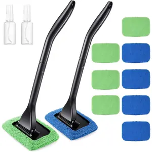 2 Pack Windshield Cleaning Tools-Windshield Cleaning Wand for Auto Window Cleaning, with Detachable Handle, 8 Reusable Cloth Pads and 2 Spray Bottles for Car Interior (Blue, Green)