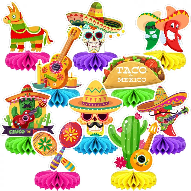 10Pcs Mexican Honeycomb Table Centerpieces Stickers Set - Cinco De Mayo Fiesta Ornaments, Souvenir Supplies for Taco Party, Themed Birthday Festive Decorations