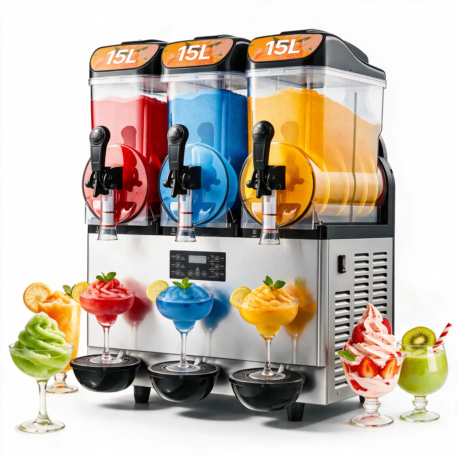 VEVOR Commercial Slush Maker, 15Lx3 Triple Tank Large Cap Stainless Steel Machine, 180 Cups for Commercial Use & Home Parties, Margarita Smoothie Frozen Drink Maker for Restaurants Cafes Bars