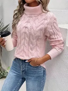 Women's Turtle Neck High Neck Cable Knit Long Sleeve Pullover Sweater, Solid Color Casual Warm Knitwear for Fall & Winter, Women Winter Outfit, Winter Clothes for Women, Cute Knit Top