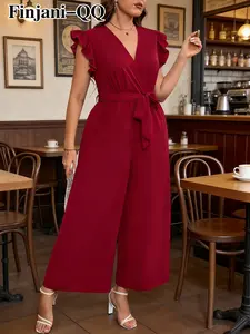 Plus Size Women's Jumpsuit V Neck Design, Long Sleeve Fitted Casual Plain, Spring & Fall Fashion for All Seasons