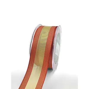 1.5" Sheer Gold Metallic Red Stripes Wired Ribbon