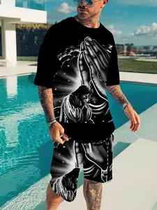 Men's 3D Jesus Praying Hands Print Casual Fashion Set, Summer Sporty Crew Neck Short-Sleeve Top and Drawstring Shorts Two-Piece Set, Suitable for Outdoor Street Wear