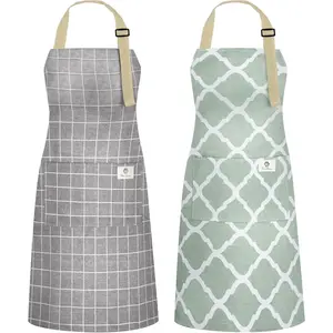 2 Pack Kitchen Cooking Aprons, Adjustable Bib  Chef Apron with 2 Pockets for Men Women(Green Plaid/Grey Plaid)