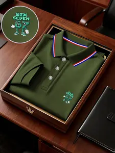 Men's Geometric Print Polo Shirt, Loose-Fit Short Sleeve, Breathable Elastic Fabric, Casual Business Tee, Spring Summer Outdoor Wear