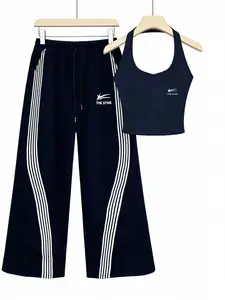 2026 American Style Hot Girl Sportswear Set, Halter Short Tank Top + High Waist Wide Leg Pants, Streetwear for Sport, Street, Music Festivals, Athleisure Wear