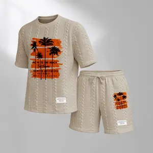 Men's Tropical Beach Graphic Textured Fabric Drawstring Waist Shorts Set 2 Counts, Short Sleeve T-Shirt & Pocket Track Shorts, Casual Fashion Cozy Men Two-Piece Outfits For Spring & Fall