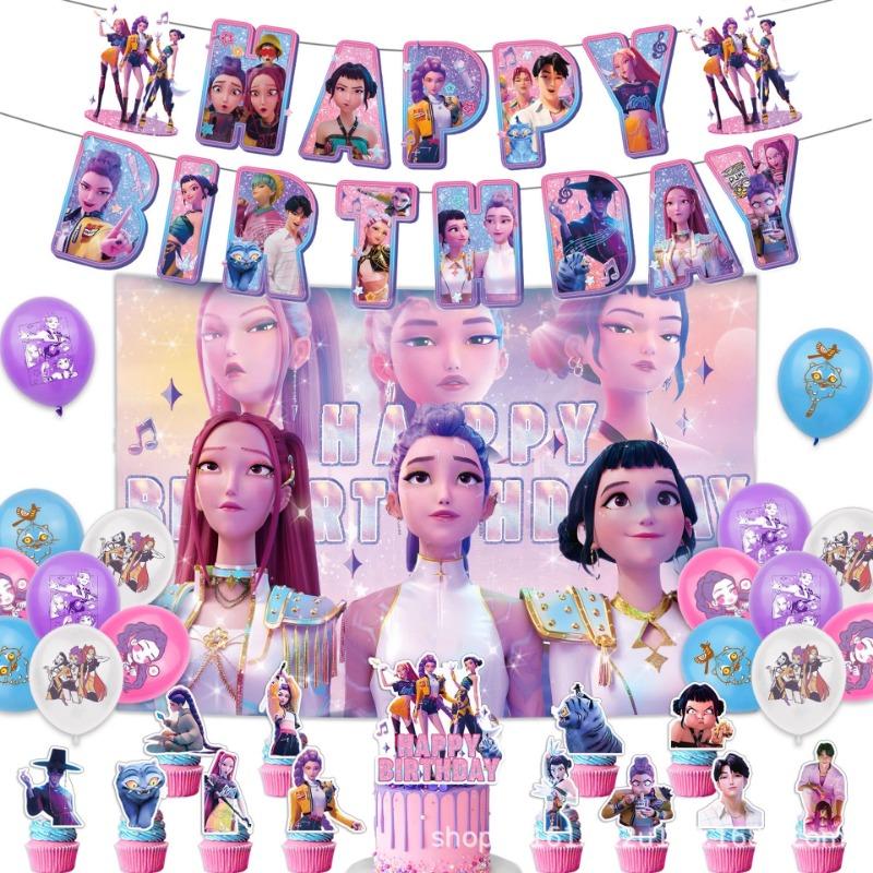 Kpop Demon Hunter Birthday Party Decoration Set – Anime-Inspired Backdrop Banner, Balloons & Cake Toppers | Cool K-Pop Theme Party Supplies for Fans, Kids & Teens, Perfect Gift for Demon Hunter Lovers