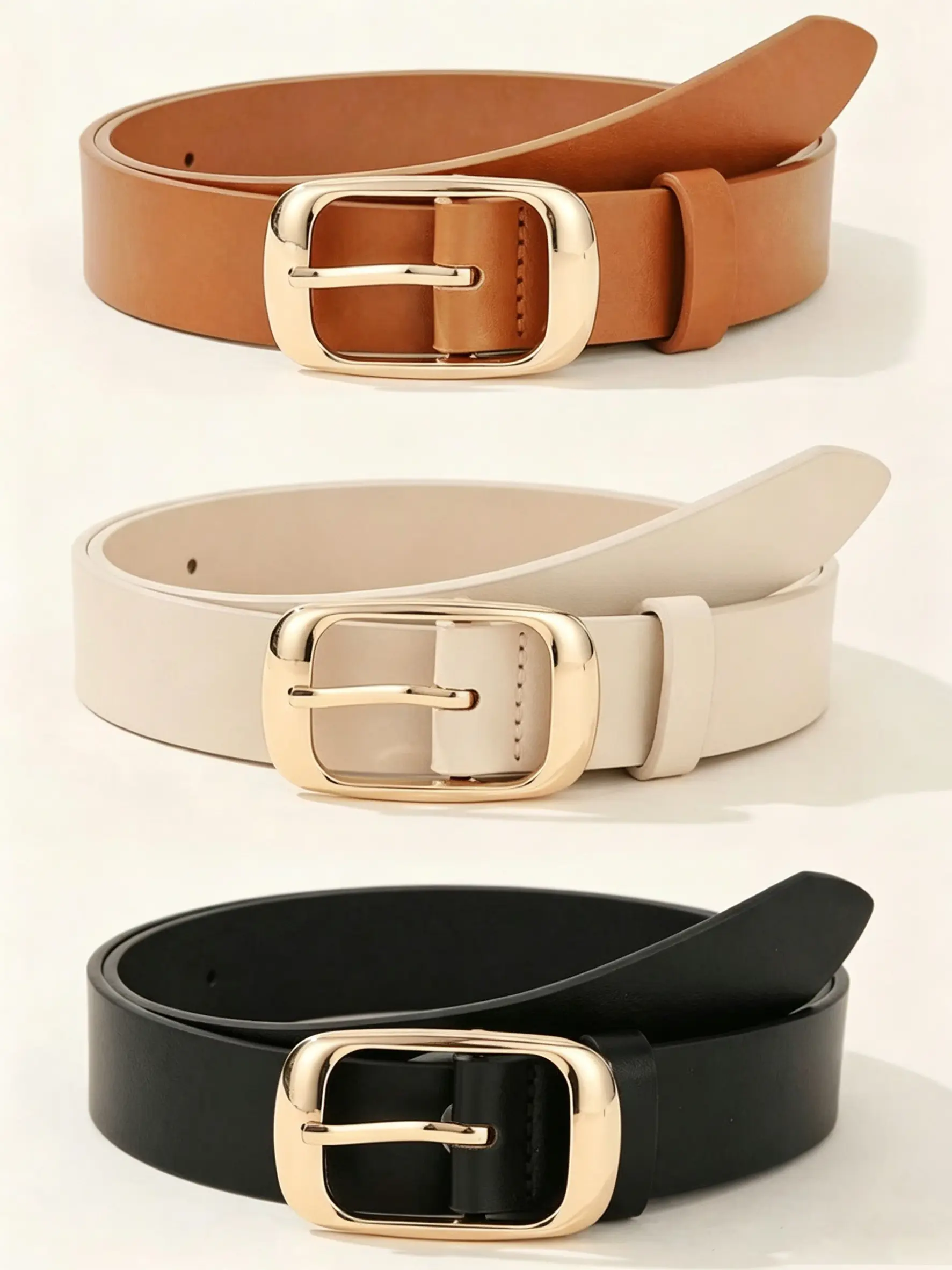 3pcs Women's Fashion Belt Minimalist Rectangle Buckle Belts, Modern Buckle Belts, Versatile for Casual Dresses, Jeans, Trendy Exquisite Belts, PU Leather Belts, Casual Style Belts, Casual Waist Belt