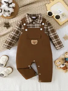 Baby Bib Pants Set with Plaid Long Sleeve Romper, Vintage Cute Style, Bear Patch and Button Design, Casual Fall for Infants, Infant Toddler Clothes