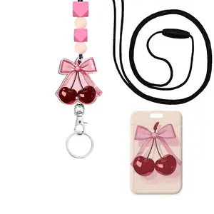 Shiny Bow Tie Cherry Teacher ID Keychain, Cute Silicone Bead Lanyard, Office Card Protector, Hospital Worker Gift, Nurse Office Accessory