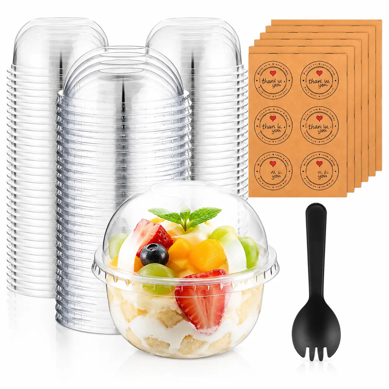 50 Pack Dessert Cups with Dome Lids Disposable Plastic Cups with Lids Clear Pet (No Hole), Sporks and Stickers for Plastic Fruit, Cake and Mini Snack Bowls(9 oz,Simple Cup)