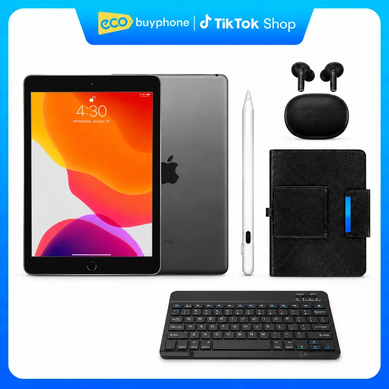 Refurbished Apple iPad 7th Gen (Cellular+WiFi)- Acceptable Condition with Case,Wireless Earbuds,iPad Case+Bluetooth Keyboard,Styus pen with 1 Year Warranty
