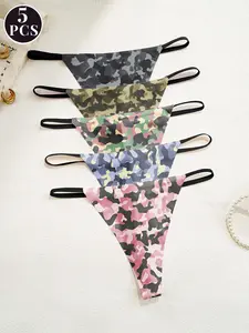 5-Pack Seamless Sexy Camouflage Printed Women's Thong Underwear, All-Over Print, Slim-Fitting, All Seasons, Fashionable Ladies' Bottoms, Seamless Panty, Seamless Knicker