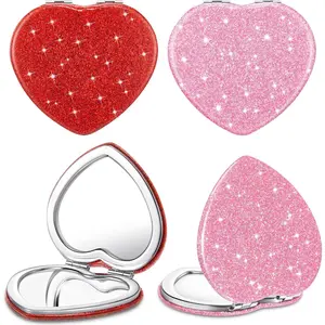 4 Pcs Valentine's Day Heart Compact Folding Mirror Mini Vanity Mirror Double Sided Cute Glitter Cosmetic Gift Portable Travel Magnifying Makeup Supplies for Women Mom Home(Red, Pink)