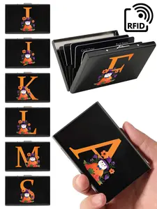 1 printed metal credit card clip, new Halloween letter printed ultra-thin anti magnetic credit card clip, mini credit card wallet RFID blocking ultra-thin metal hard shell wallet, suitable for both women and men