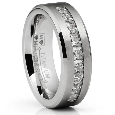 Mens 1.5 Ct Moissanite Wedding Band Engagement Ring 18K White Gold Plated 9 large Princess-Cut 8MM