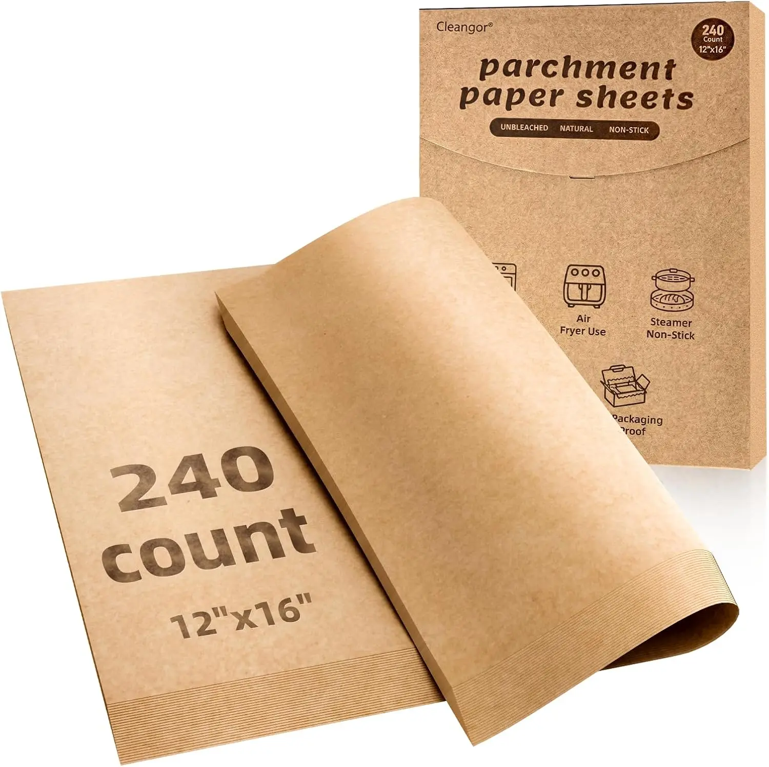 CLEANGOR 240Pcs 12''x16'' Unbleached Parchment Paper Sheets, Pre-cut Parchment Sheets, No-Stick & No-Leak Baking Paper, Heavy Duty Baking Liners for Oven, Air Fryer, Microwave & Steamer