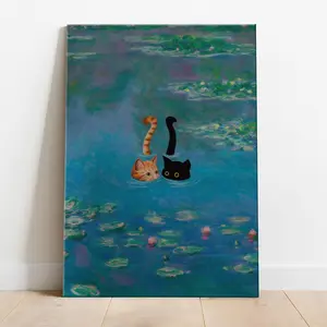 Funny Cat Monet Water Lilies Canvas Wall Art Impressionist Parody Poster Cute Orange Tabby and Black Cat Swimming Painting Aesthetic Room Decor