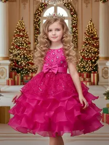 Girl's Bow Front Tiered Layer Fit and Flare Party Dress, Birthday Dress, Elegant Sleeveless Round Neck Party Gown for Performance Show Wedding Guest, Layered Tulle Dress, Tulle Overlay Dress, Kids Clothes for All Seasons