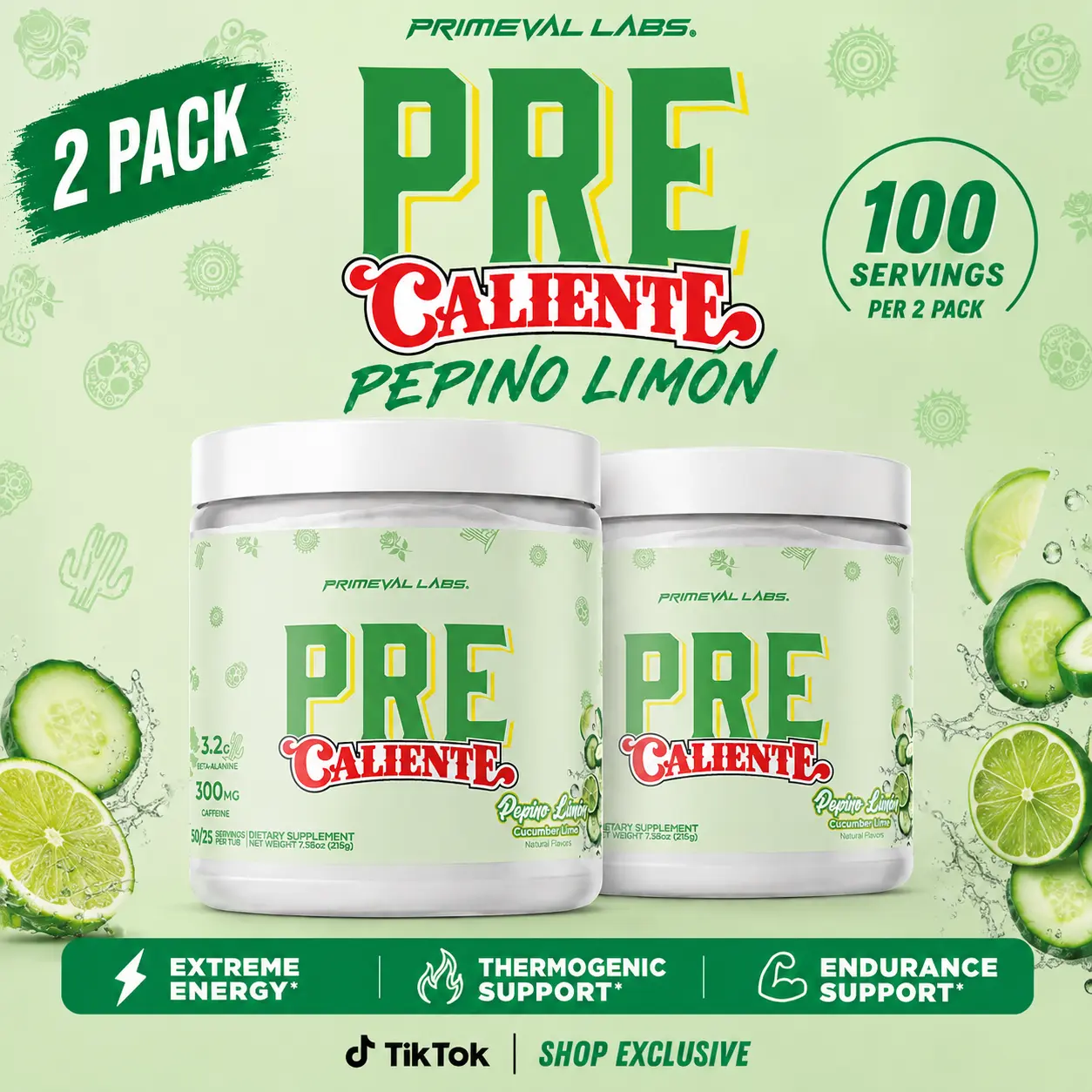 Primeval Labs PRE Caliente Pre-Workout 2 Pack | 100 Servings | Energy, Endurance & Thermogenic Support | Pepino Limón Flavor