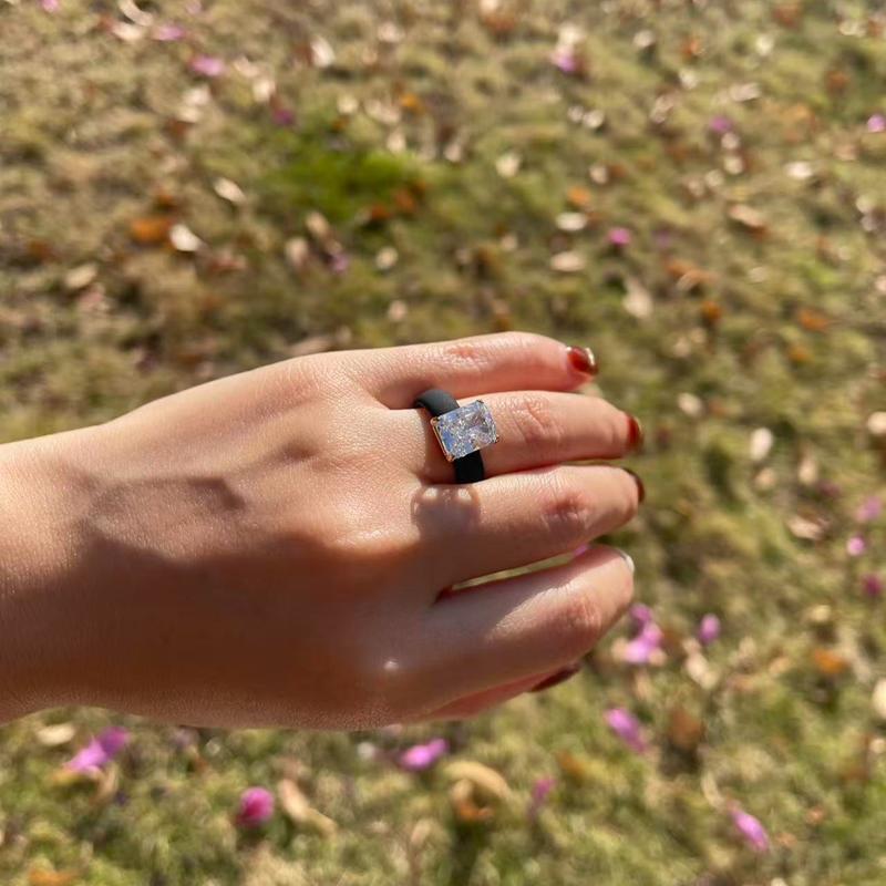 Icy White Emerald Cut CZ Engagement Ring for Women 10x8mm Cubic Zirconia Wedding Gift Thin 5.7mm Silicone Comfort Band Stackable Glow Ring