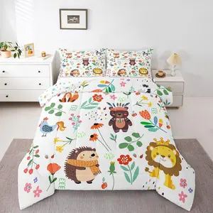 Cartoon Animal Bedding Set,Forest Animals Safari Comforter Sets for Kids Girls Boys,Cute Floral Print Quilt Bed Set
