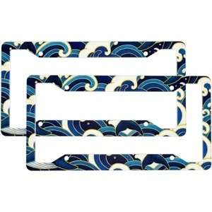 Whale Wave Theme 2-Pack Aluminum License Plate Frames, Universal Car License Plate Holder with 4 Holes and Screws, Fancy License Plate